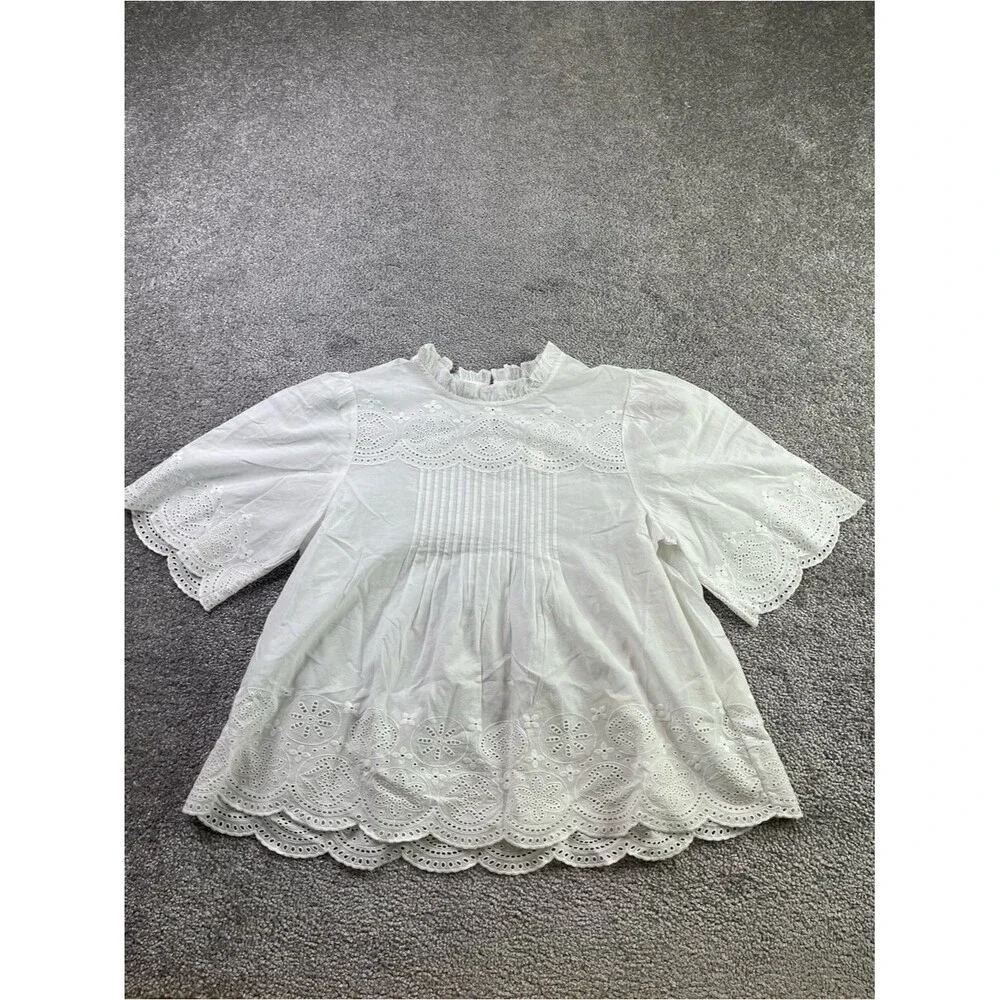 Madewell Embroidered Pintuck High-Neck Top Women’s Medium White Short Sleeve - Picture 4 of 9